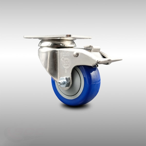 3 Inch 316SS Blue Polyurethane Swivel Top Plate Caster with Total Lock Brake